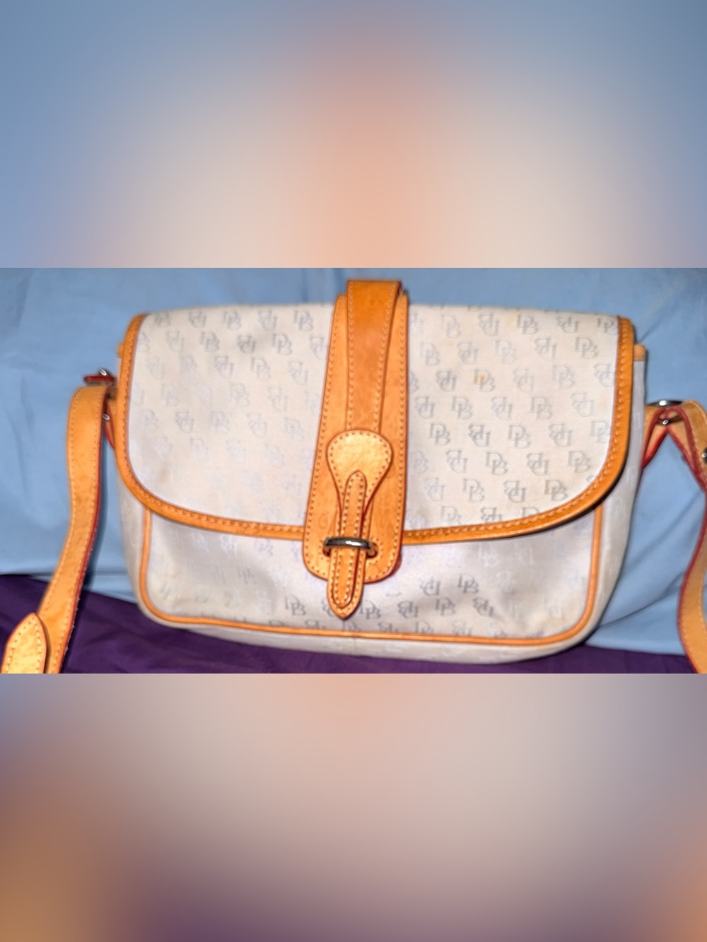 Vintage Dooney & Bourke Cream Canvas Hobo with Tan Leather Trim